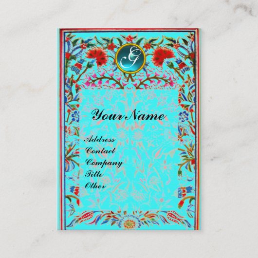 URSPRÜNGLICHE BLUME DAMASK MONOGRAM Blaue Turquase Visitenkarte (Vorderseite)