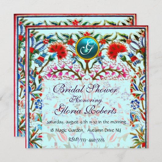 URSPRÜNGLICHE BLUME DAMASK MONOGRAM Blaues Aquamar Einladung (Vorne/Hinten)