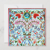 URSPRÜNGLICHE BLUME DAMASK MONOGRAM Blaues Aquamar Einladung (Rückseite)