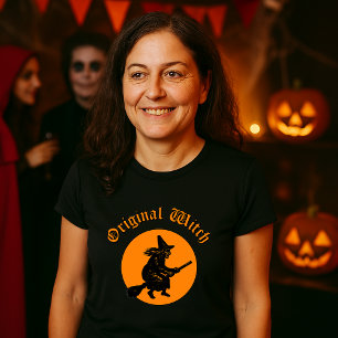Ursprüngliche Hexe Retro-Holzschnitt Halloween T-Shirt