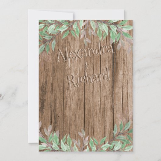 Ursprüngliche Monogramm Holzeffekt geschnitzt Baum Einladung (Rückseite)