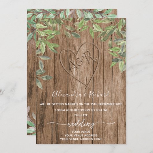 Ursprüngliche Monogramm Holzeffekt geschnitzt Baum Einladung (Vorne/Hinten)