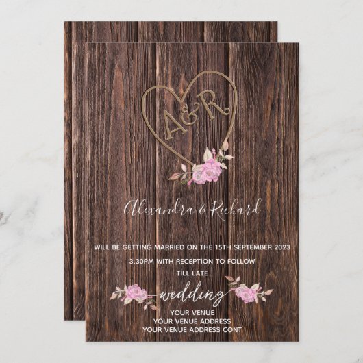 Ursprüngliche Monogramm Holzeffekt geschnitzt Baum Einladung (Vorne/Hinten)