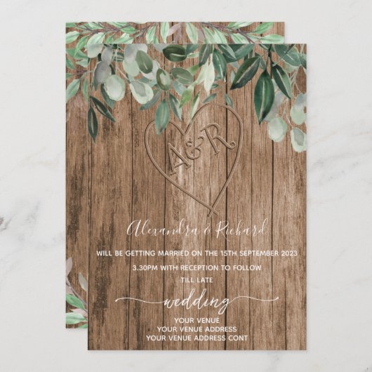 Ursprünglicher Monogramm-Holzeffekt Schnittholz Einladung (Vorne/Hinten)