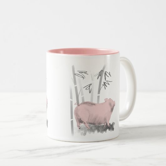 Ursprüngliches zeichnendes Schwein und Bambusse 2 Zweifarbige Tasse (VorderseiteRechts)
