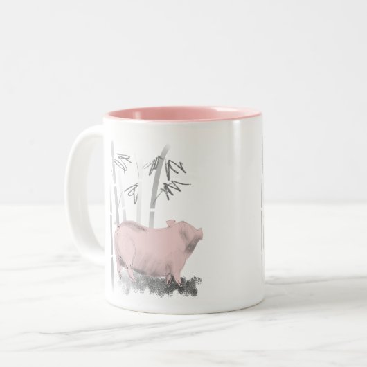 Ursprüngliches zeichnendes Schwein und Bambusse 2 Zweifarbige Tasse (Vorderseite Links)