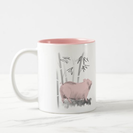 Ursprüngliches zeichnendes Schwein und Bambusse 2 Zweifarbige Tasse (Links)