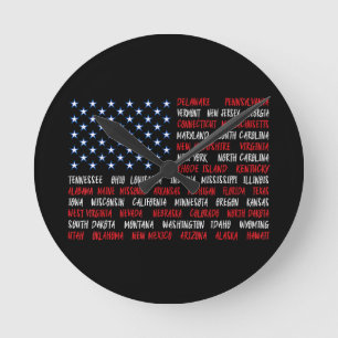 US American Flag Alle 50 Staat-Namen Runde Wanduhr