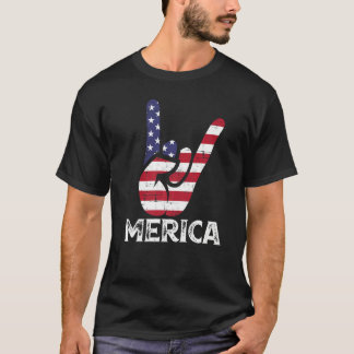 US American Flag and Patriotic Rock Sign of Hand M T-Shirt