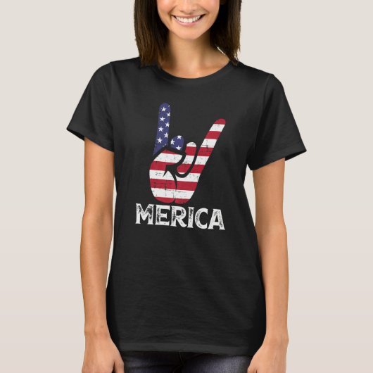 US American Flag and Patriotic Rock Sign of Hand M T-Shirt (Vorderseite)