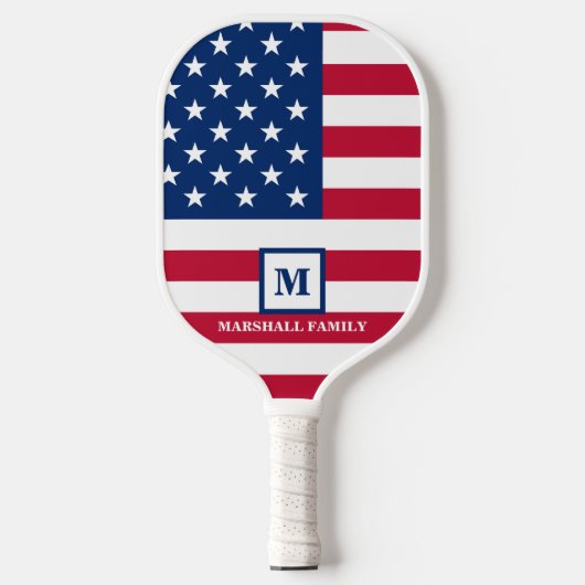 US-amerikanische Flagge Maßgeschneiderte Monogramm Pickleball Schläger (Vorderseite)