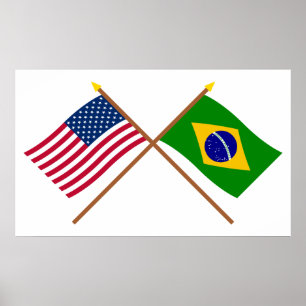 US and Brazil Crossed Flags Poster