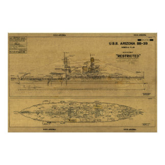 US ARIZONA Battleship Blueprint 1934 Fotodruck