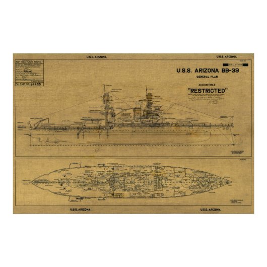 US ARIZONA Battleship Blueprint 1934 Fotodruck (Vorne)