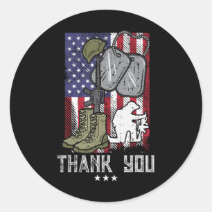 US Flag Boots Gun Helmet Tag Soldier Danke Mem Runder Aufkleber