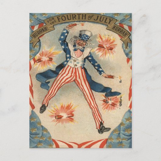 US Flag Uncle Sam Fireworks Firecracker Postkarte (Vorderseite)