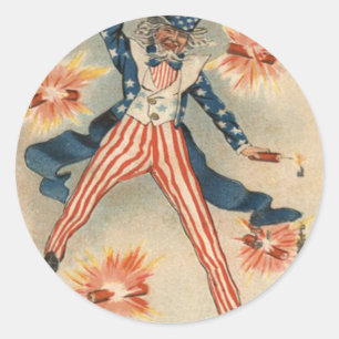 US Flag Uncle Sam Fireworks Firecracker Runder Aufkleber