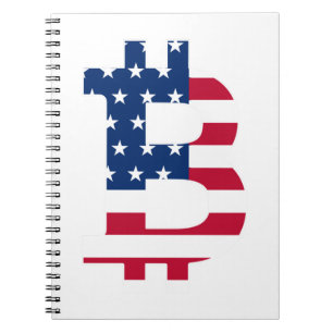US-Flagge Bitcoin-Bitcoin-Cryptowährung-Blockchain Notizblock
