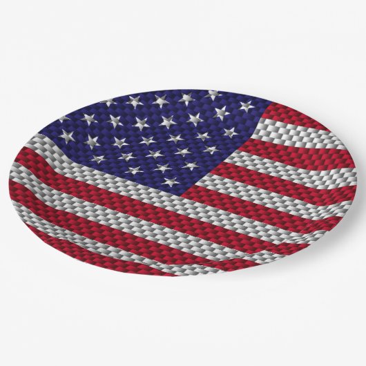 US-Flagge für Dekoration im Kohlenstofffaserstil Pappteller (Schrägansicht)