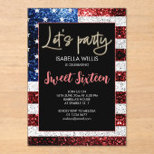 US-Flagge Glitzern Sweet 16 Birthday Lasse Party Acryleinladungen (Vorderseite)