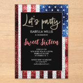 US-Flagge Glitzern Sweet 16 Birthday Lasse Party Acryleinladungen (Vorderseite)