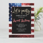 US-Flagge Glitzern Sweet 16 Birthday Lasse Party Einladung (Stehend Vorderseite)