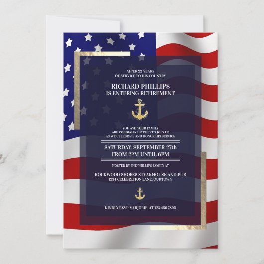 US-Flagge/Gold-Anker-Party für das militärische Ru Einladung (Vorderseite)