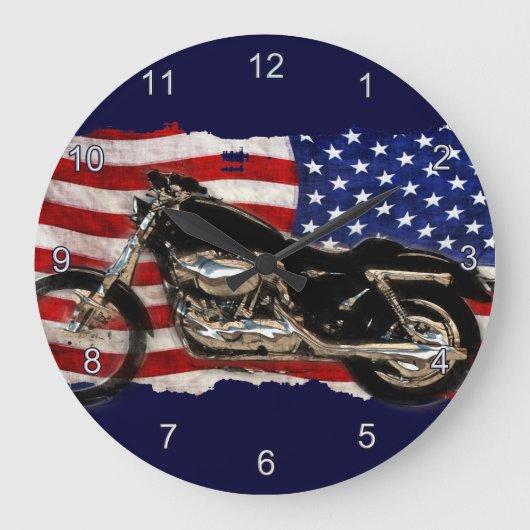 US-Flagge, Motorrad, Motorrad, Schwein Große Wanduhr (Vorderseite)