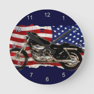 US-Flagge, Motorrad, Motorrad, Schwein Runde Wanduhr