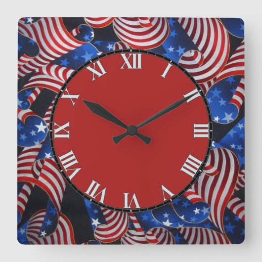 US Flagge Patriotic Curls Square Clock Quadratische Wanduhr (Vorderseite)