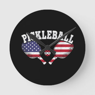 US-Flagge Pickleball-Spieler Vintage Pickle Ball L Runde Wanduhr