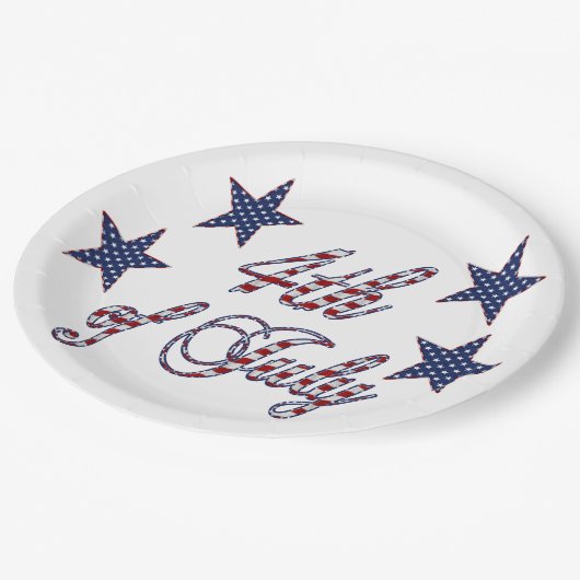 US Flagge Red White Text am 4. Juli Pappteller (Schrägansicht)