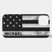 US-Flagge Rustic Wood Schwarz-weiß Monogram iPhone Hülle (Rückseite (Horizontal))