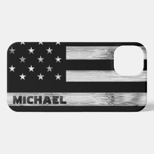 US-Flagge Rustic Wood Schwarz-weiß Monogram iPhone 13 Hülle