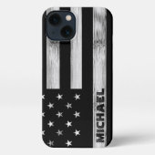 US-Flagge Rustic Wood Schwarz-weiß Monogram iPhone Hülle (Rückseite)