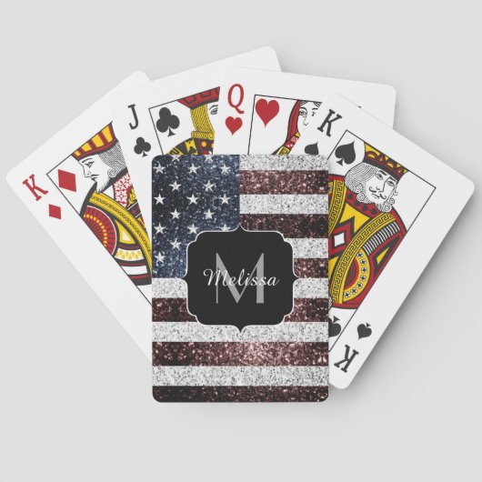 US-Flagge rustikale Glitzern Glitzer Monogram Spielkarten (Rückseite)