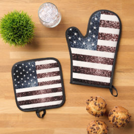 US-Flagge rustikale rot-blaue Imitate Glitzern pat Ofenhandschuh & Topflappen-Set