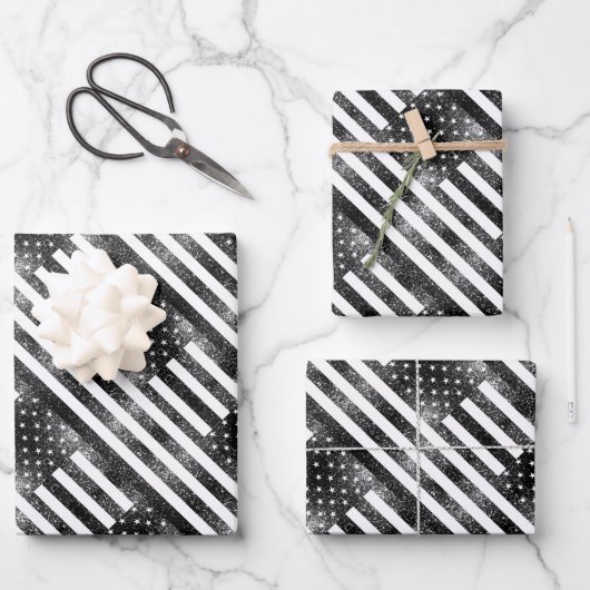US-Flagge Schwarzweiß-Glitzern Glitzer Muster Geschenkpapier Set (Vorderseite)