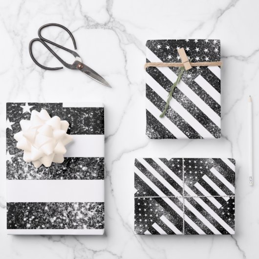 US-Flagge Schwarzweiß-Glitzern Glitzer Muster Geschenkpapier Set (Vorderseite)