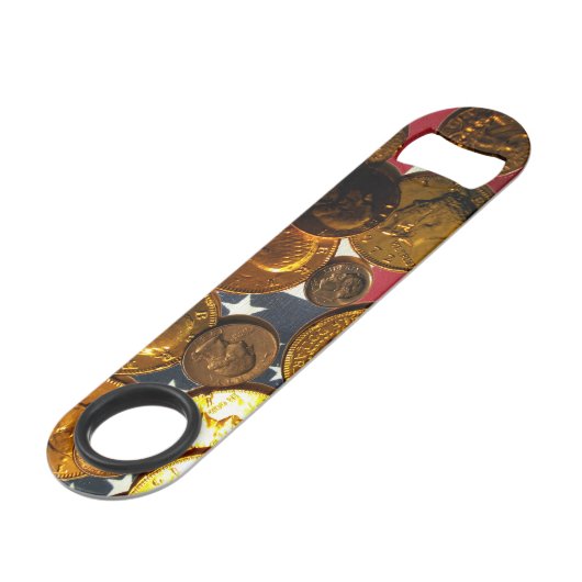 US-Flagge und -Münzen - Flaschenöffner aus rostfre (Vorderseite Schrägansicht)