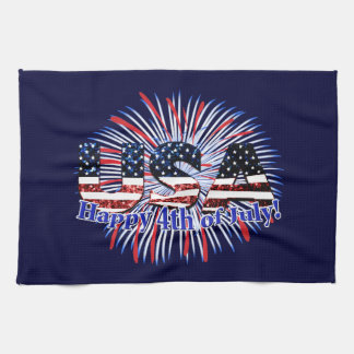 US-Glitzer mit Textflagge Feuerwerk am 4. Juli Geschirrtuch