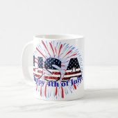 US-Glitzer mit Textflagge Feuerwerk am 4. Juli Kaffeetasse (Vorderseite Links)