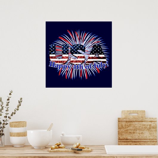US-Glitzer mit Textflagge Feuerwerk am 4. Juli Poster (Küche)
