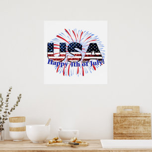 US-Glitzer mit Textflagge Feuerwerk am 4. Juli Poster