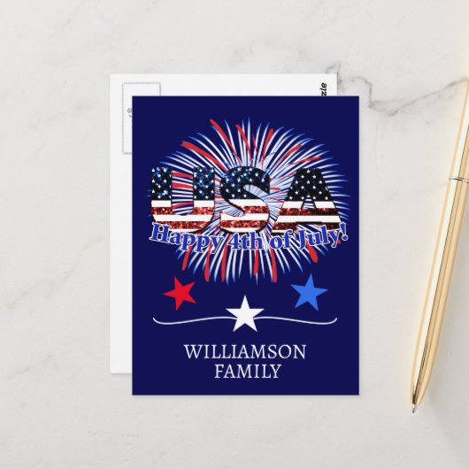 US-Glitzer mit Textflagge Feuerwerk am 4. Juli Postkarte (Vorderseite/Rückseite Beispiel)