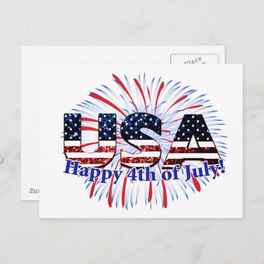 US-Glitzer mit Textflagge Feuerwerk am 4. Juli Postkarte (Vorne/Hinten)