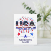 US-Glitzer mit Textflagge Feuerwerk am 4. Juli Postkarte (Stehend Vorderseite)