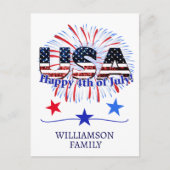 US-Glitzer mit Textflagge Feuerwerk am 4. Juli Postkarte (Vorderseite)