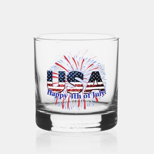 US-Glitzer mit Textflagge Feuerwerk am 4. Juli Whiskyglas (Vorderseite)