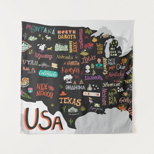 US-Karte: Illustriertes Poster Wandteppich (Vorderseite)